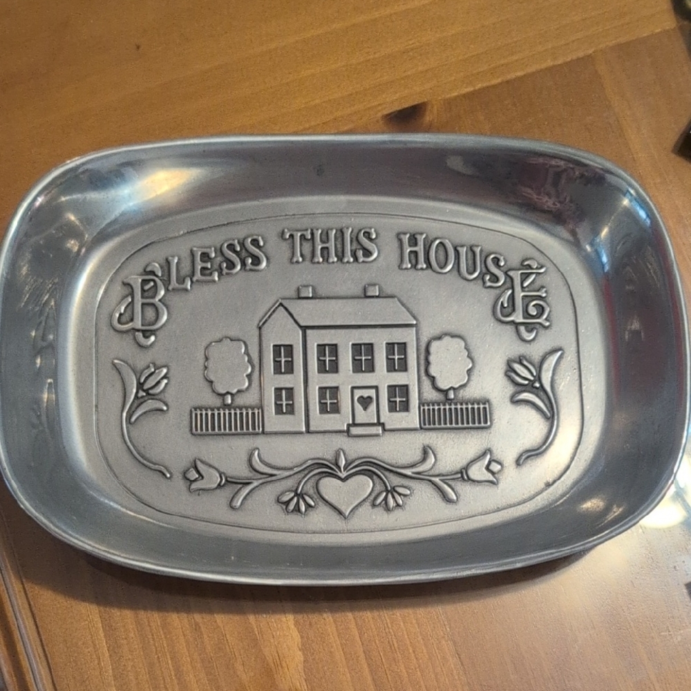 Pewter Tray with House Design "Bless this House"